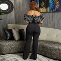 Q109 new  fashion european and american style cross-border women's sexy bodycon off-shoulder ruffle trim jumpsuit
