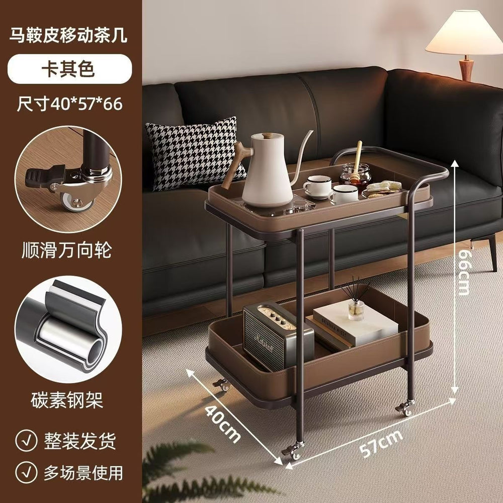 Accessible luxury saddle leather sofa trolley corner sofa storage rack movable wheeled bedside table living room for home coffee table
