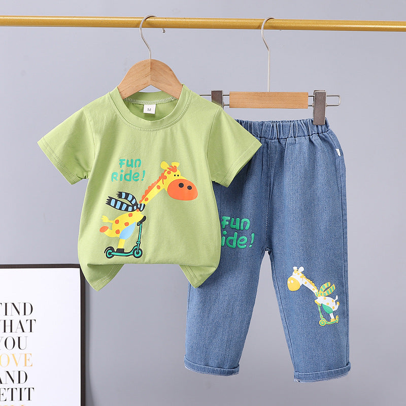 Kids' summer casual outfit: cartoon giraffe print t-shirt + denim shorts two-piece set - wholesale