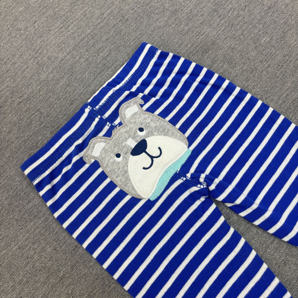 Original infant striped blue and white bottom cute puppy appliqué pattern all-cotton soft and skin-friendly cuffed pants