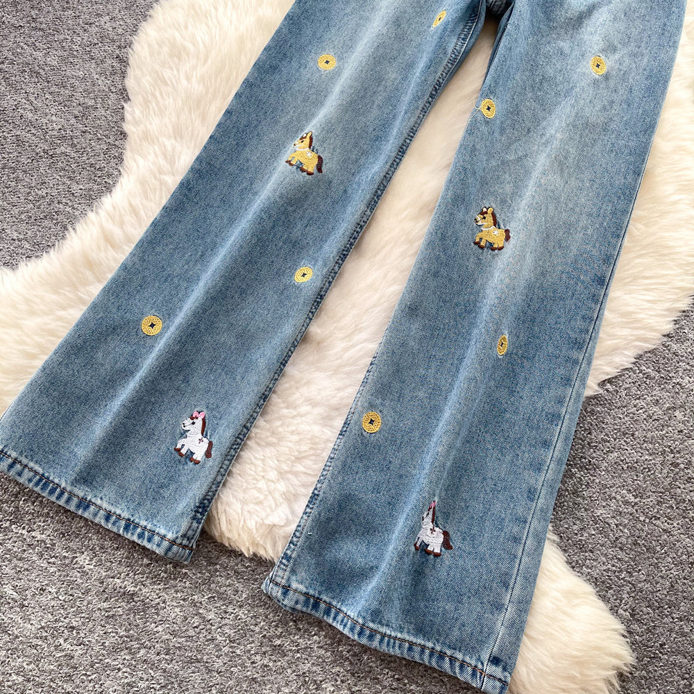 American cartoon little spike embroiderhigh waistloose pantsjeans women's summerloosestraight-legpetites blue pants