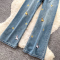 American cartoon little spike embroiderhigh waistloose pantsjeans women's summerloosestraight-legpetites blue pants