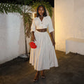 European and american cross-border women's fashion:  summer new collection - stylish 3d floral striped blouse and high-waisted midi skirt set