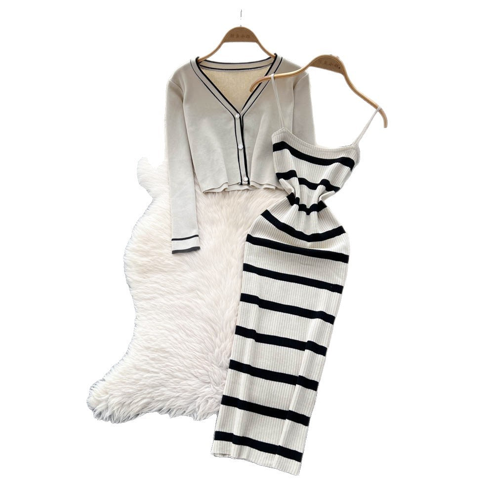 Feminine style outfit: 2025 new arrival - slim-fit striped knit camisole dress with long-sleeved cardigan jacket