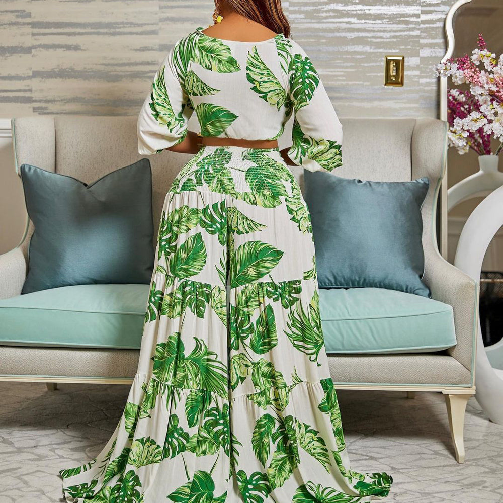 C8469 european and american  new arrival cross-border casual set: printed v-neck tie top and wide-leg pants - two-piece export set