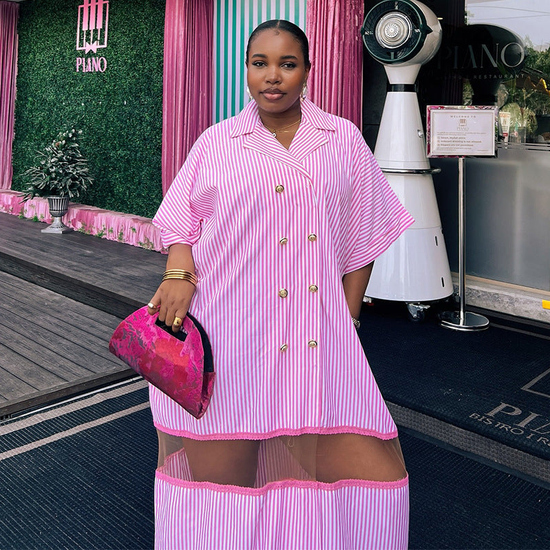 European and american cross-border women's fashion:  autumn new arrival - stylish turn-down collar pink striped double-breasted loose-fit shirt dress