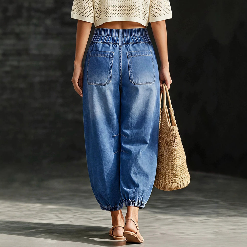 Fashionjeans double-button high waist patch pocket washed distressed jogger pants bloomers exportcasualloose denim women's pants