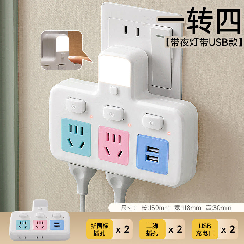 Multi-port usb charging power strip with surge protection, overload protection, five-outlet expansion, independent switches, and bedside night light