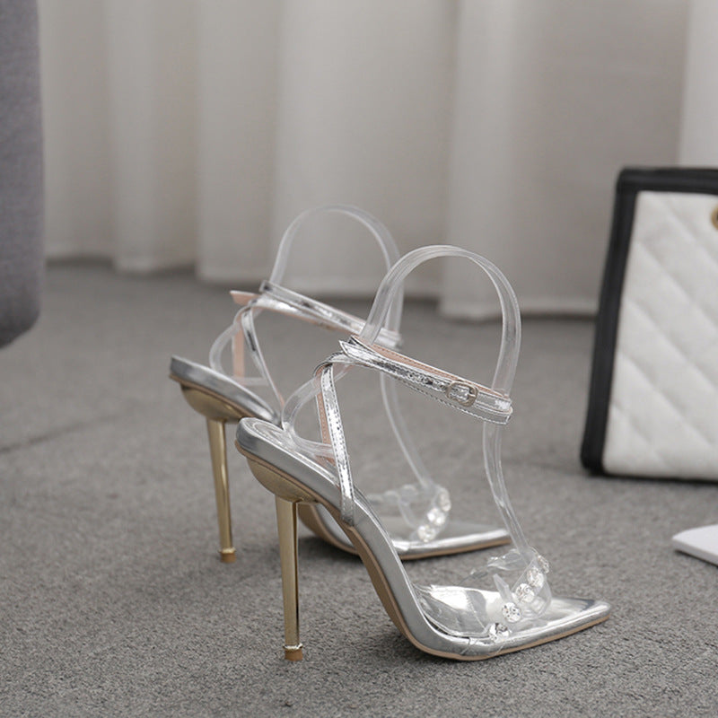 Wholesale high heel factory: european and american style new cross-strap stiletto heel sandals with silver rhinestone detailing - ultra high heels