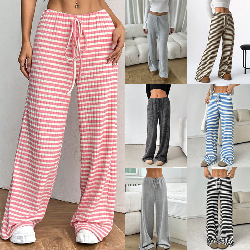 fall/winter  us & european cross-border women's new casual striped solid color elastic drawstring cotton straight-leg pants