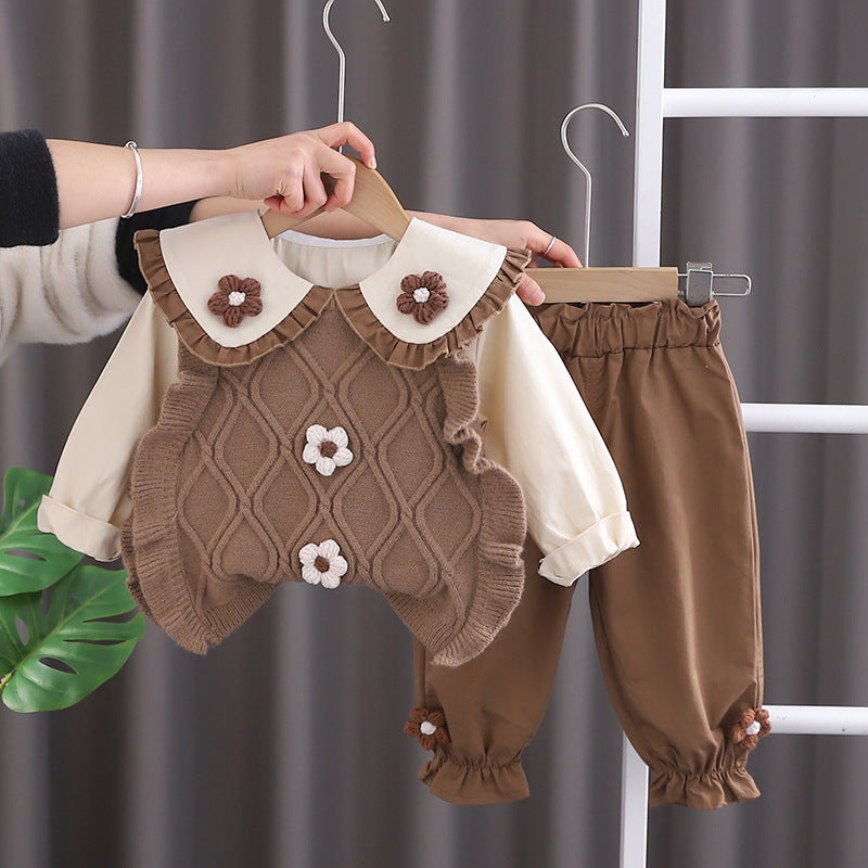 Girls' spring korean style long-sleeve outfit: sweet, three-piece set with 3d floral sweater vest for baby girls