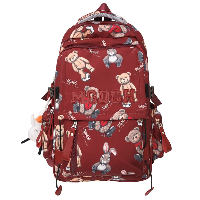 New schoolbag for female junior high school students, simple printed bear, large-capacity backpack, trendy college student couple computer bag