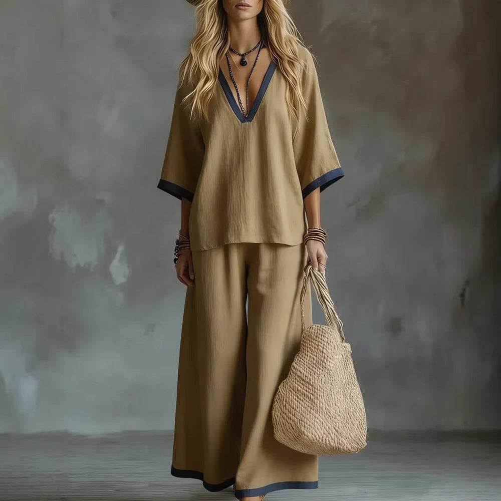 fashion women's summer two-piece set: casual solid color v-neck loose-fit short sleeve top and pants