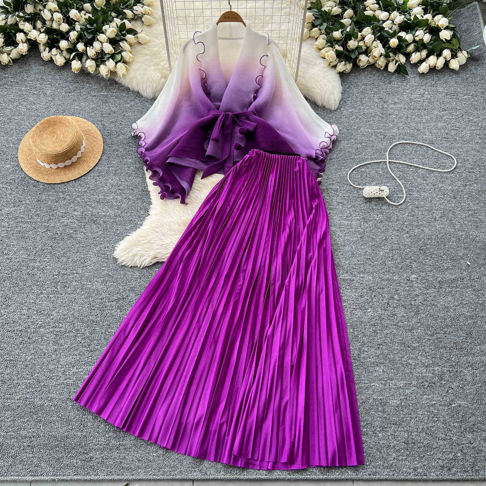 Fashion pleated suit women's strappy waist gradient color pressed pleated cardigantopshigh waistpleated skirttwo-piece set