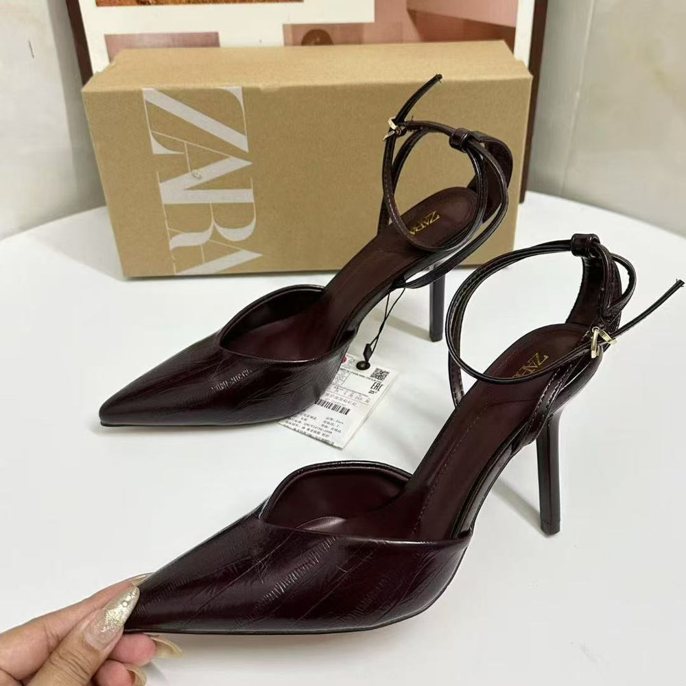 Za2025autumnew arrivalelegant pointed toe high heelsfashioneasiest for match toe capflats belt buckle stiletto flats women