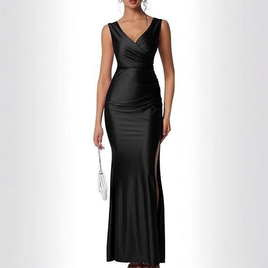 European and american slim-fit solid color chic sexy foreign trade slit satin dress
