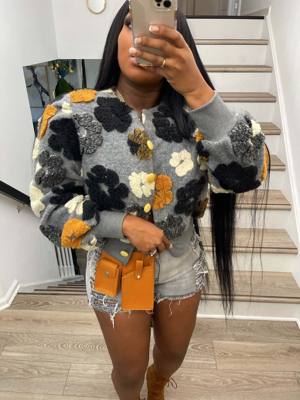 fall and winternew arrivalretrostereoflowerselegantloose single breastedcardigan shortoutwearinstrendy women's clip