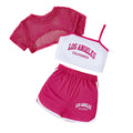 children's camisole set, featuring a three-color mesh cover-up and a letter-printed top. a retro sporty three-piece outfit for kids