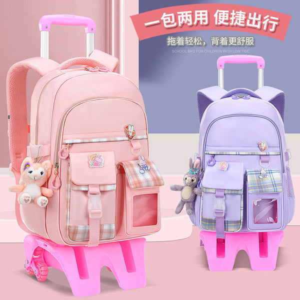 Tie rod schoolbag, primary and secondary school girls, girls in grades 3 to 6, waterproof large-capacity stair climbing children's trolley case