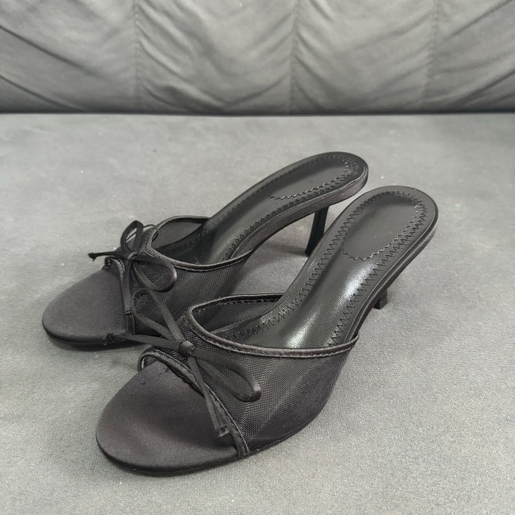 Spain 2024 spring new one-strap open-back trf slippers mesh fabric bowknot decor high heel sandals