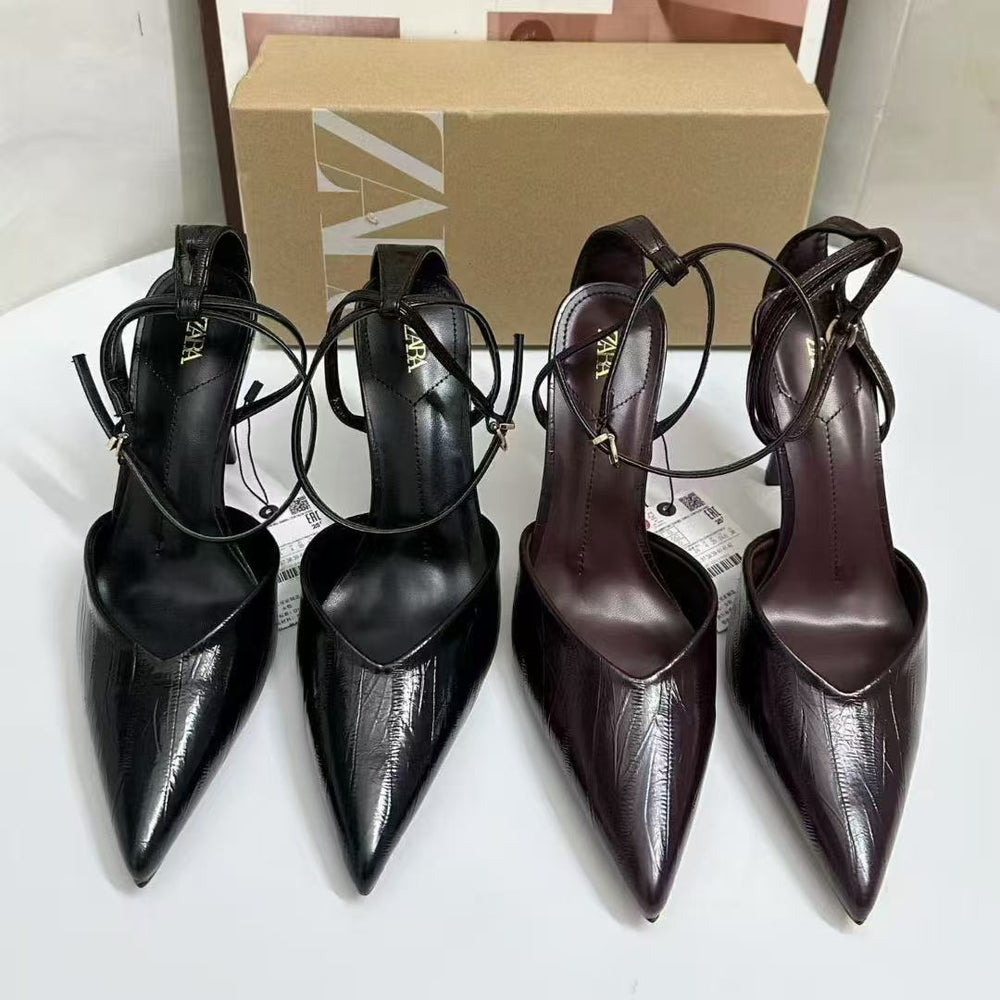 Za2025autumnew arrivalelegant pointed toe high heelsfashioneasiest for match toe capflats belt buckle stiletto flats women