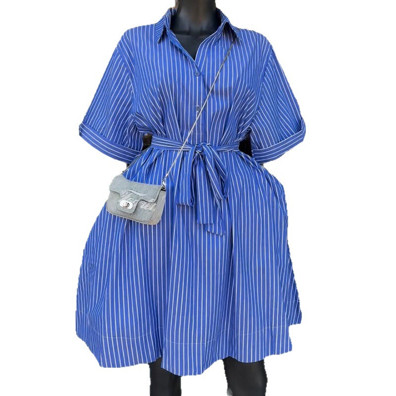 European and american cross-border women's fashion:  spring new arrival - stylish lapel, single-breasted, tie-waist blue shirt dress