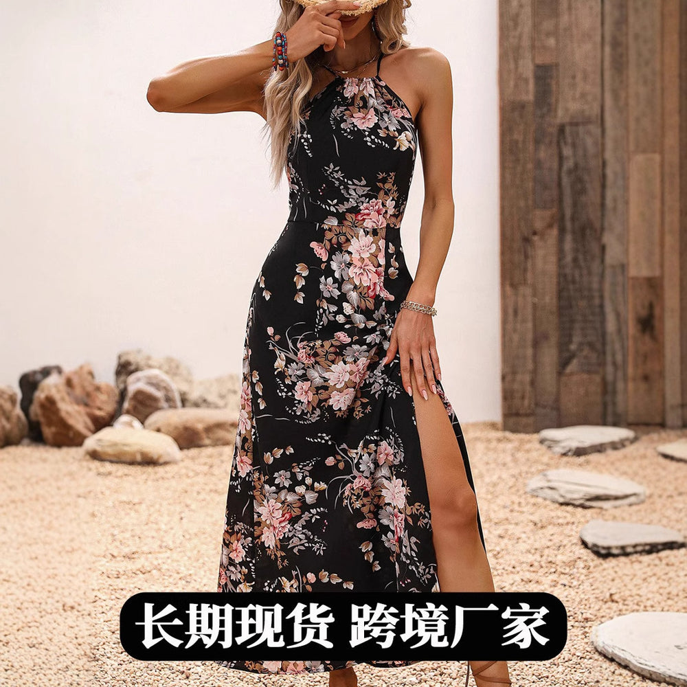 Amazon women's clothing japan summer new high-waisted printed dress vacation style slit halter maxi dress