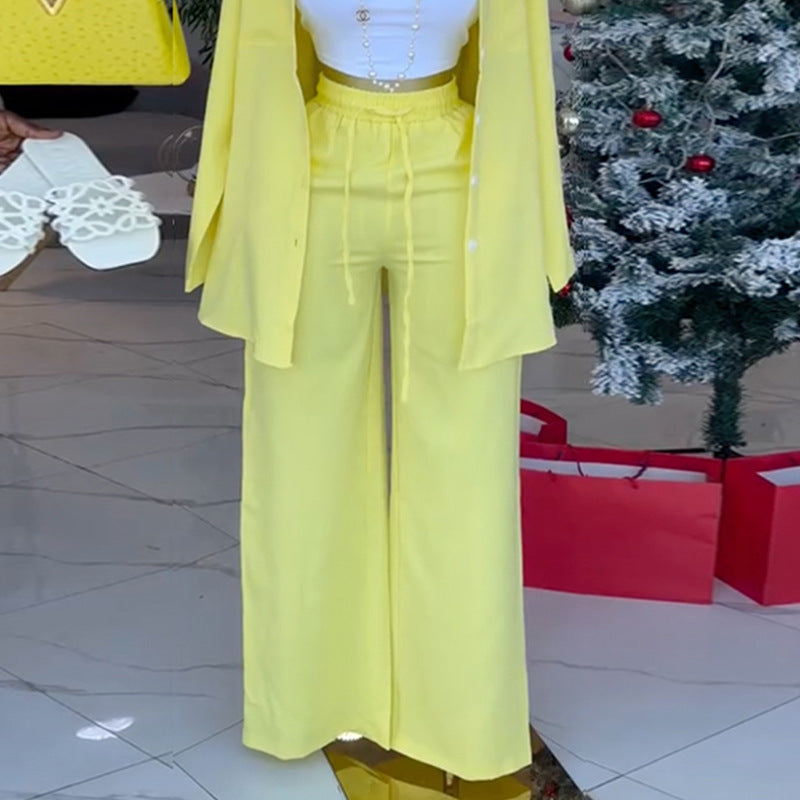 European and american cross-border women's fashion:  spring new collection - solid color turn-down collar long sleeve blouse and tie-waist wide leg pants set