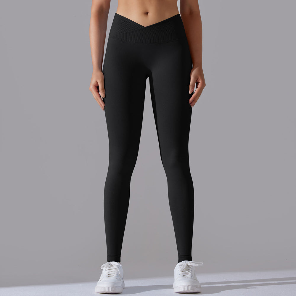 fashion seamless knitting breathable pure color cross waist peach hip yoga pants running fitness nine-point pants women