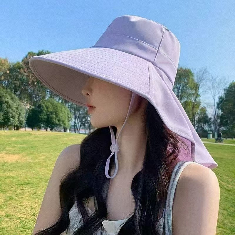 Large brim sun protection integrated tea picking hat women's summer anti-ultraviolet sunshade neck protection shawl bucket hat can tie a ponytail