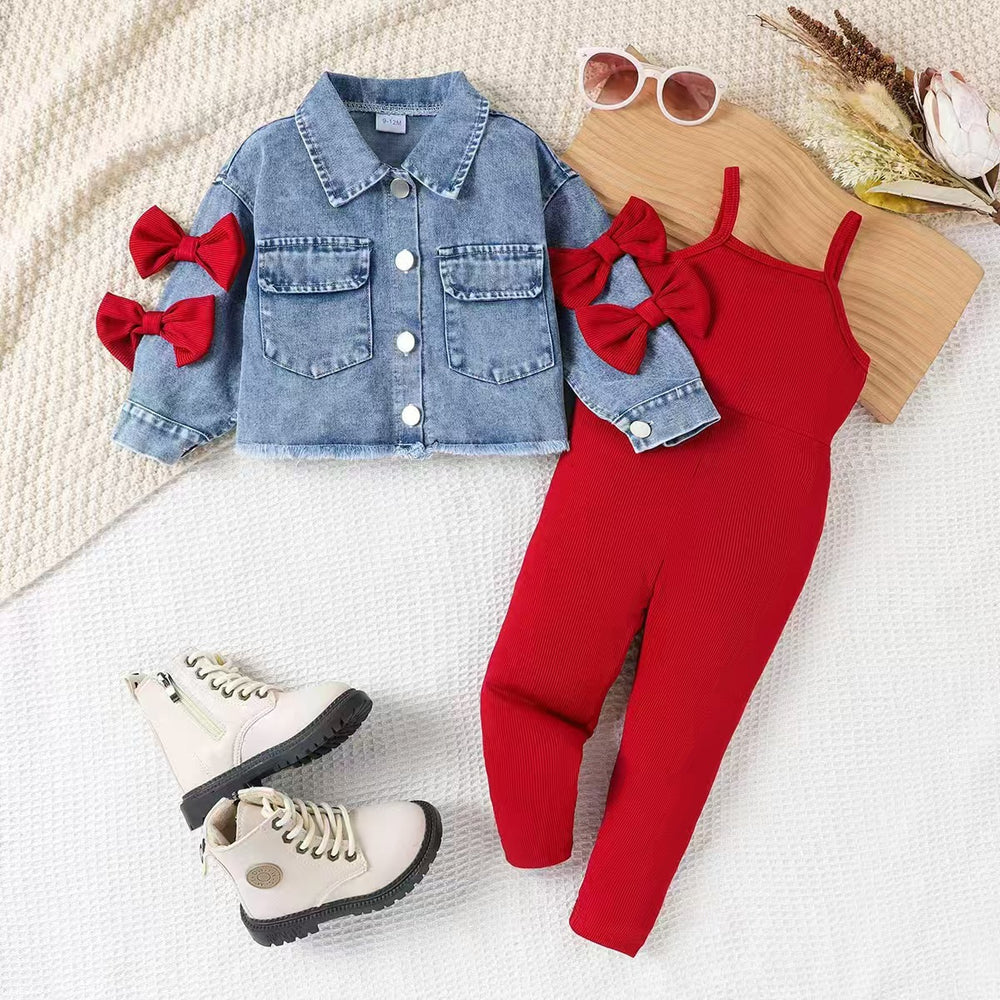 Kids clothing  cross-border new arrivalfashionspring & fallgirl denim long sleevesoutwear one-piece pants