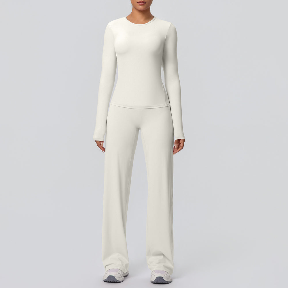 Cloud-feel outdoor casual yoga outfit: long-sleeve t-shirt top & high-waisted wide-leg active wear set for running and fitness