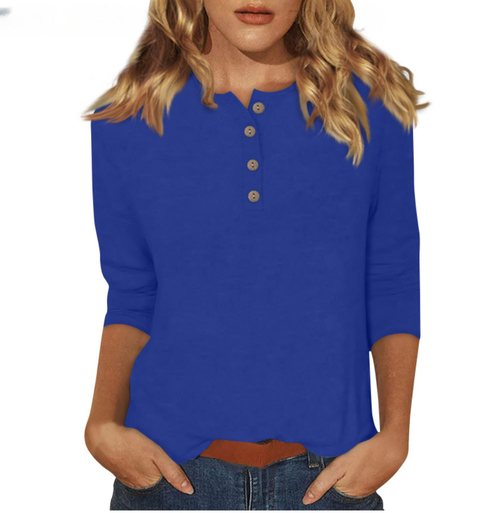 cross-border  women's fashion casual three-quarter sleeve solid color button-down crew neck t-shirt top