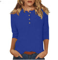 cross-border  women's fashion casual three-quarter sleeve solid color button-down crew neck t-shirt top