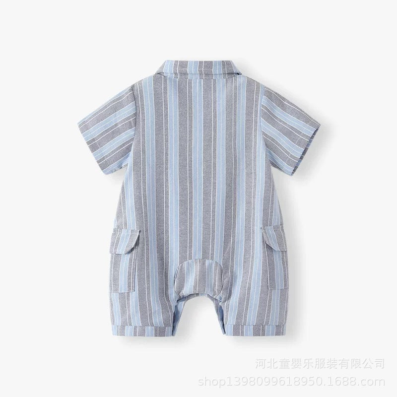 Baby clothes summer striped short-sleeve romper boy korean style gentleman outfit baby 100-day celebration first birthday crawling suit
