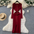 French chic high-end round neck metallic buckle single-breasted slim-fit slit long sleeve knitted bodycon dress