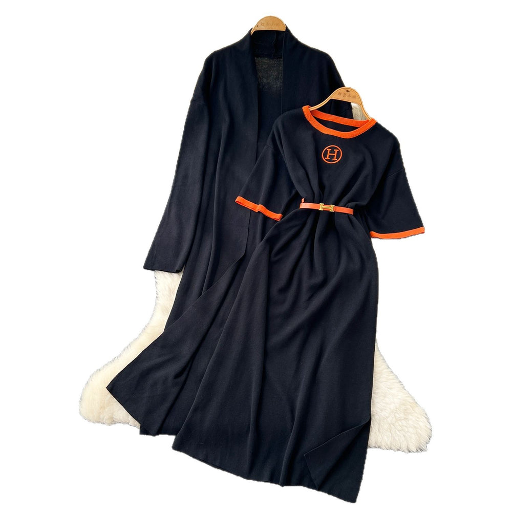 European station  spring/autumn new women's fashion high-end belted short-sleeve maxi dress long-sleeve outerwear knitted two-piece set