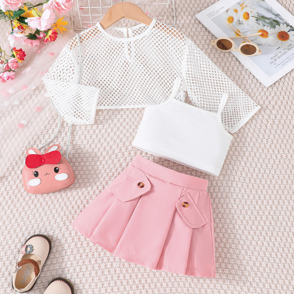 summer new girls' mesh long-sleeve top + cropped tank top + pleated skirt three-piece set - in stock