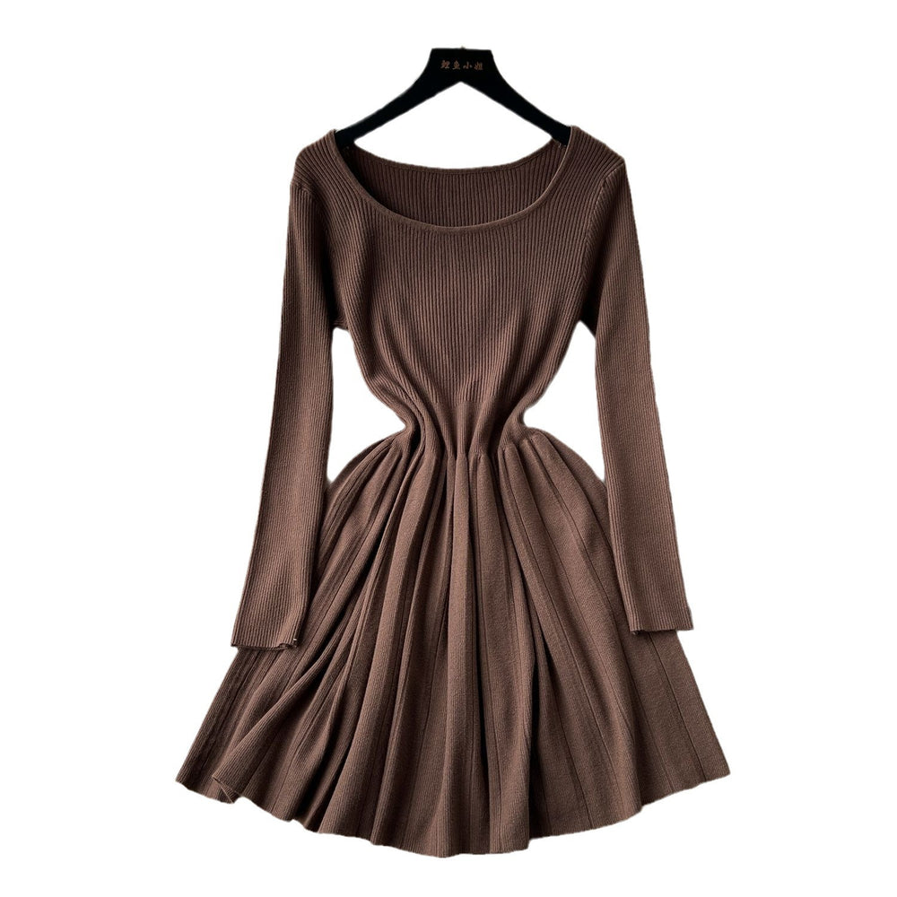 Frenchniche stylesense of design square collar long sleevesknittingdress female inner wear bottom waist slimming lookpleatedsweater skirt