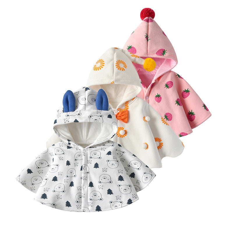 Cape girlautum outer shawl baby cape hooded cartoon windproof outweark-style children's clothing fleece