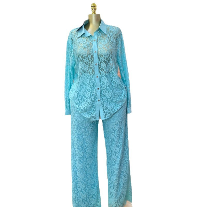 European and american cross-border women's fashion  autumn new arrival casual lace loose see-through long sleeve shirt wide leg pants set