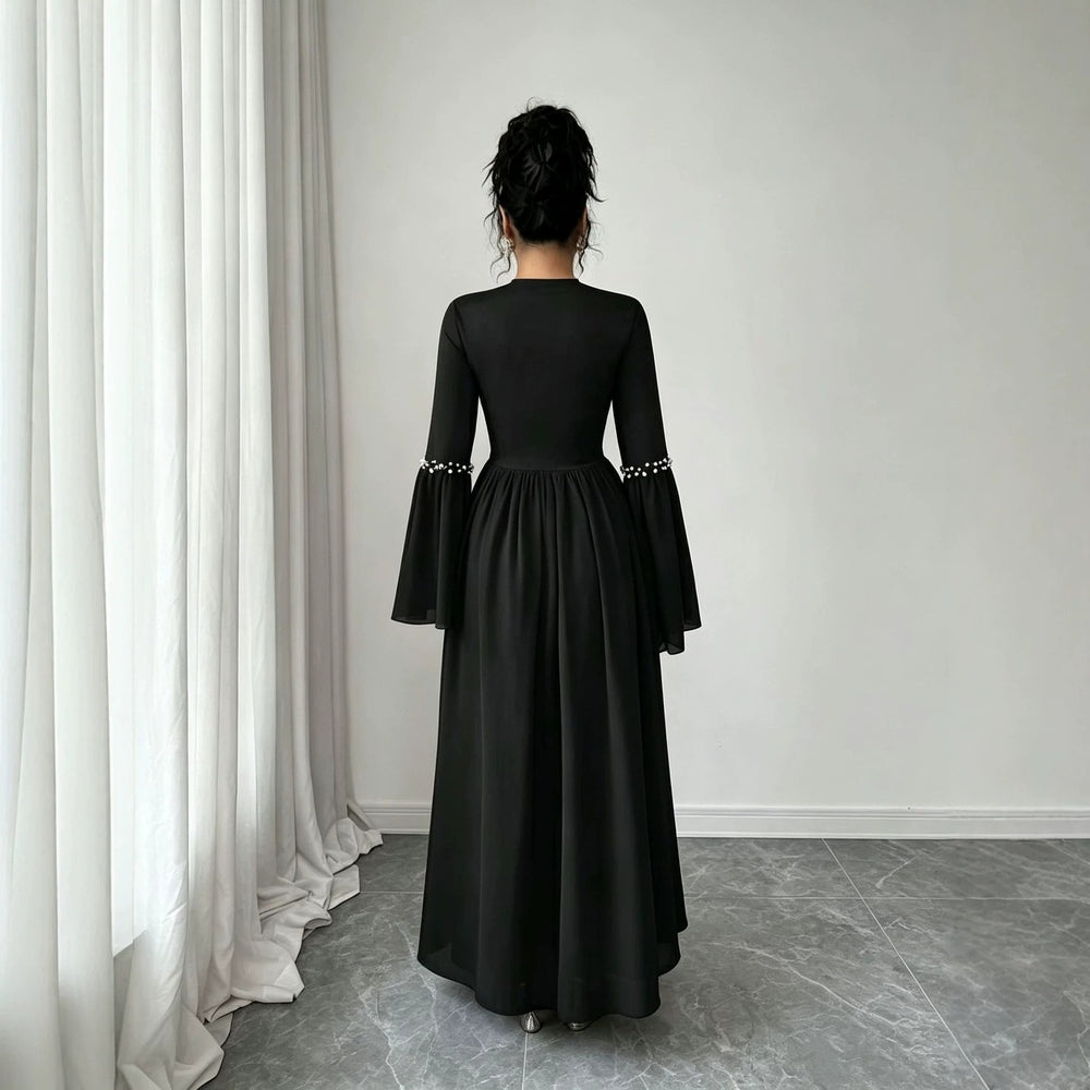 cross-border fashion women's french elegant solid color round neck slimming flared sleeve long sleeve dress