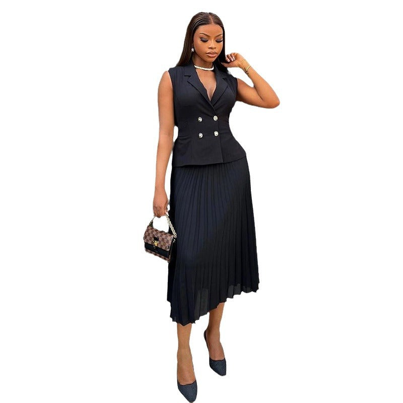 Fashion cross-border women's clothing  summer new elegant suit collar double-breasted vest topspleated skirtsuit