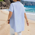 e-commerce   new summer collection: elegant, loose-fitting, casual short-sleeved striped shirt with a turn-down collar