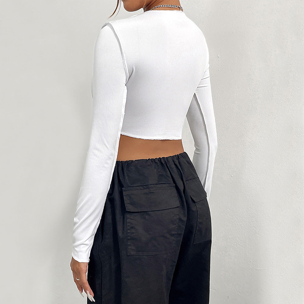 women's clothing  autumn and winter cut out strap super short round neck t-shirtfashioneasiest for match ribbed long sleevestops