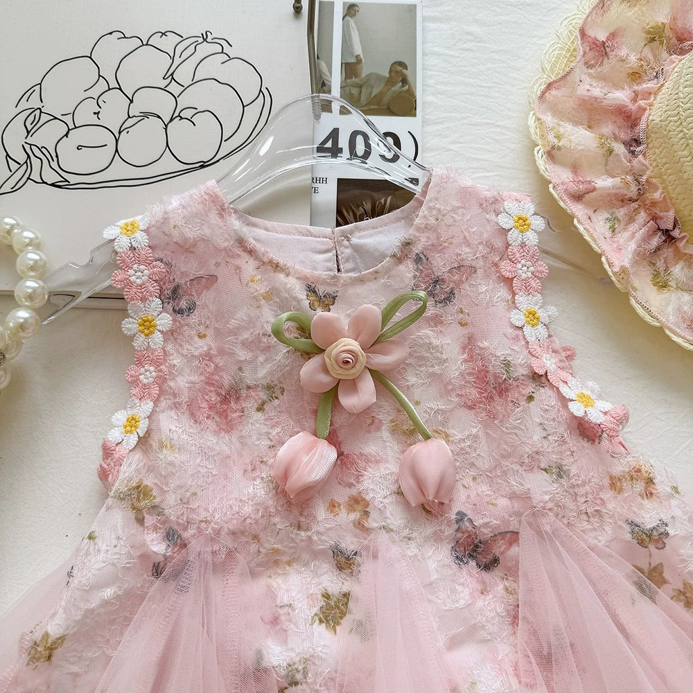 summer sleeveless girls' chic 3d floral dress - new embroidered lace mesh dress
