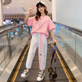 Girls' summer outfit set : stylish and trendy two-piece set for mid-to-large children - lightweight short-sleeve top and shorts for summer