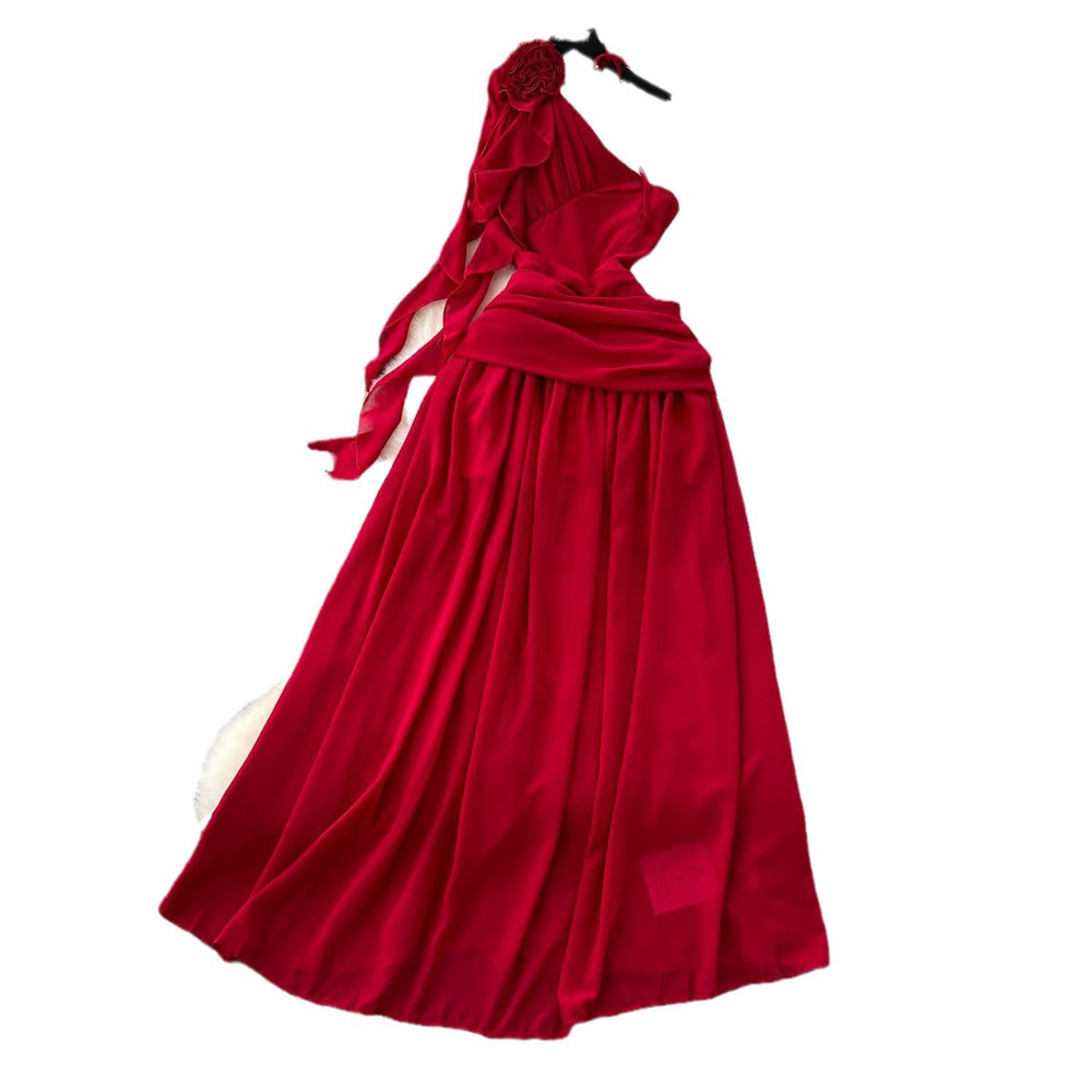 Vacation style dresssummernew arrival socialite stereo flower oblique collar off-shoulder sleeveless waist draped large swing long skirt