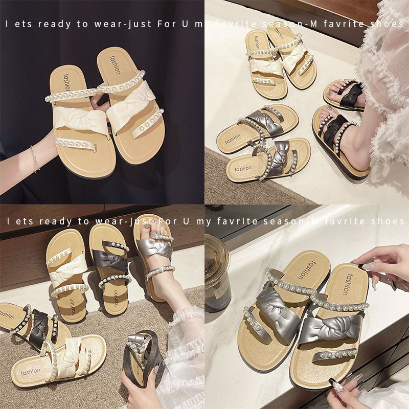 2025 beach new pearl french style sandals women's outdoor wear fairy style summer fashion versatile one-strap slippers women