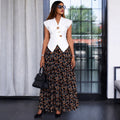European and american cross-border women's fashion:  summer new arrivals - asymmetrical vest top and printed pleated midi skirt set